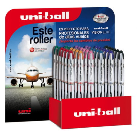 LOT de 36 Uni-ball Vision Elite UB-200 Présentoir de 36 Rollers à Encre Liquide - Pointe Bille 0,8 mm - Système Anti-Fuite pour