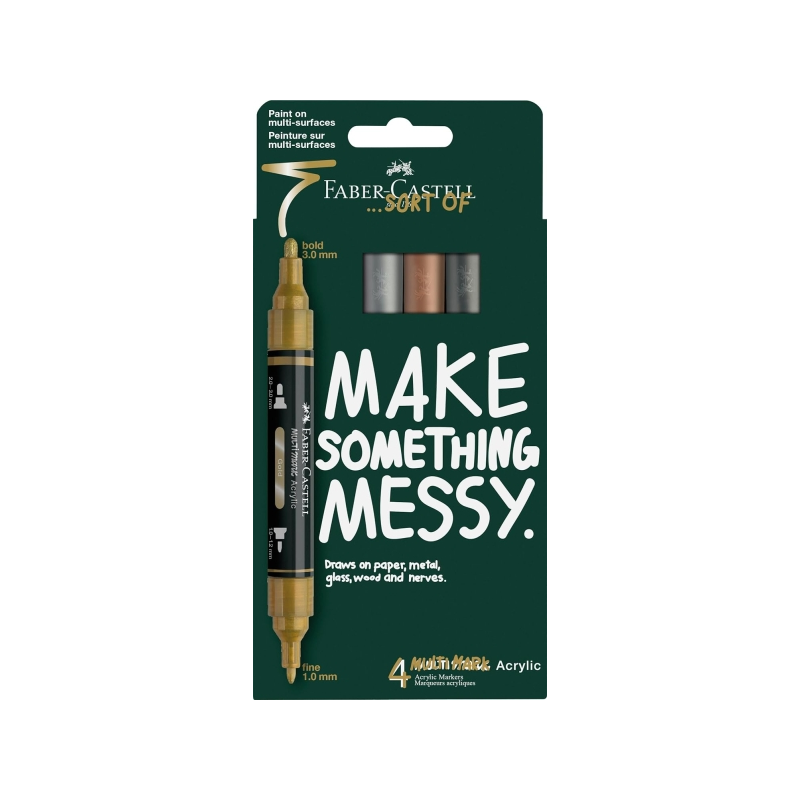Coffret Faber-Castell Multimark à effet miroir, comprenant 4 marqueurs acryliques à double pointe (1 mm et 3 mm), encre acryliqu
