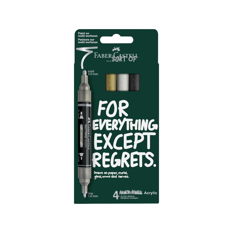Coffret Faber-Castell Multimark à effet miroir, comprenant 4 marqueurs acryliques à double pointe (1 mm et 3 mm), encre acryliqu