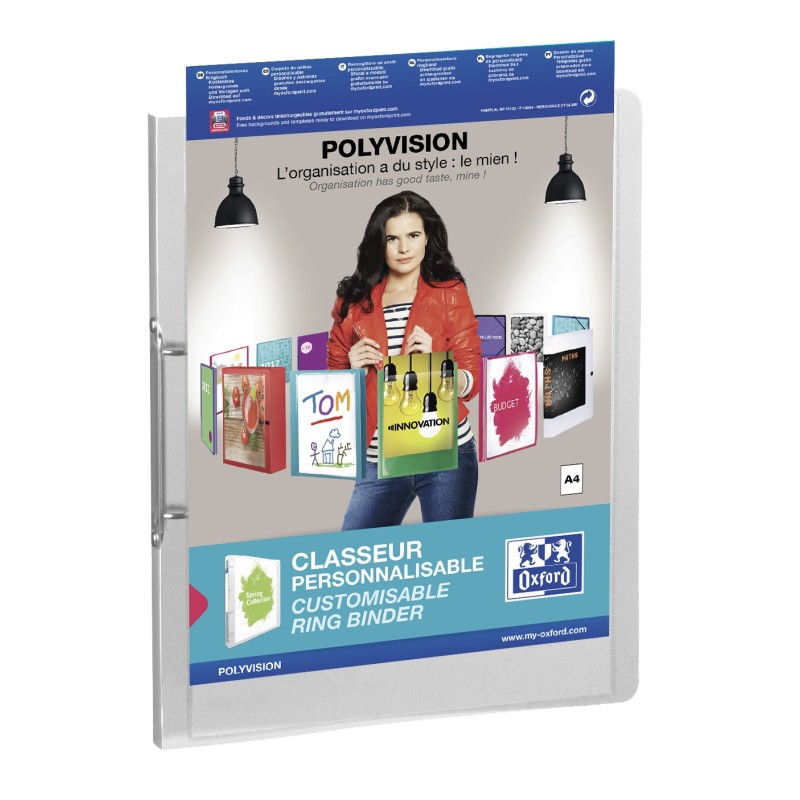 LOT de 12 Classeur à anneaux A4 Oxford Polyvision - Couverture plastique personnalisable - Dos 30 mm - 2 anneaux 20 mm