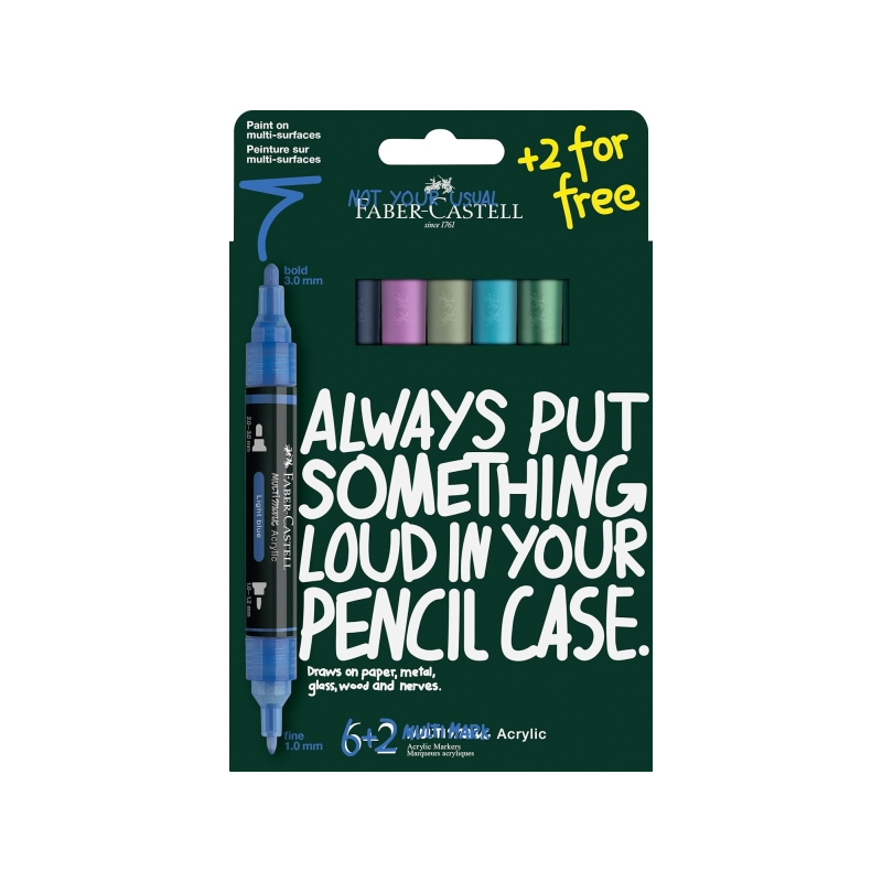 Coffret Faber-Castell Multimark Acrylic Cool Tons avec 8 marqueurs acryliques à double pointe - Pointes rondes de 1 mm et 3 mm -