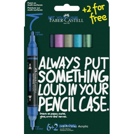 Coffret Faber-Castell Multimark Acrylic Cool Tons avec 8 marqueurs acryliques à double pointe - Pointes rondes de 1 mm et 3 mm -