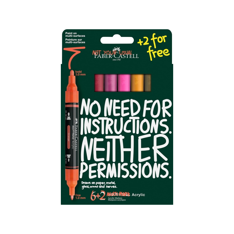 Coffret Faber-Castell Multimark - Tons chauds acryliques - 8 marqueurs à double pointe - Pointes rondes de 1 mm et 3 mm - Encre