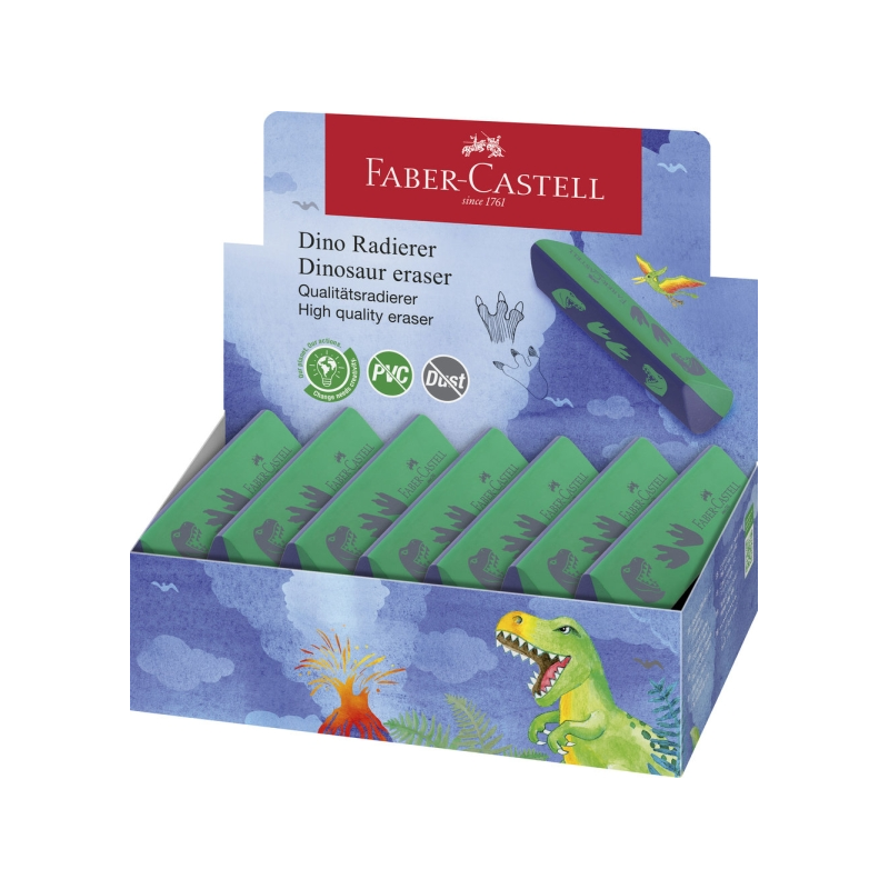 LOT de 15 Gomme Faber-Castell Dinosaure sans PVC - Forme triangulaire ergonomique - Sans résidus - Effacement propre et facile