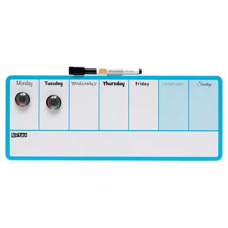 Tableau blanc hebdomadaire magnétique Nobo Mini 360 x 140 mm - Pastilles adhésives et aimants pour montage - Comprend un marqueu