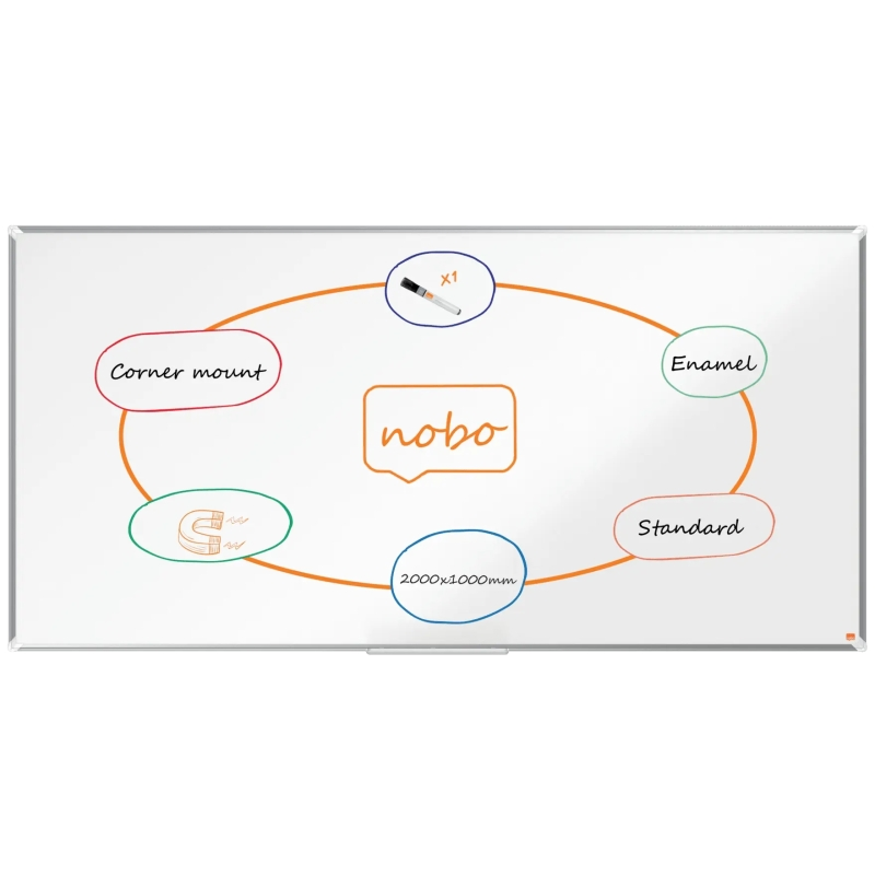 Tableau blanc magnétique Nobo Premium Plus en acier émaillé 2 000 x 1 000 mm - Montage en angle - Surface effaçable supérieure -