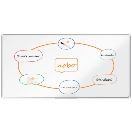 Tableau blanc magnétique Nobo Premium Plus en acier émaillé 2 000 x 1 000 mm - Montage en angle - Surface effaçable supérieure -