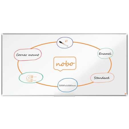 Tableau blanc magnétique Nobo Premium Plus en acier émaillé 2 000 x 1 000 mm - Montage en angle - Surface effaçable supérieure -