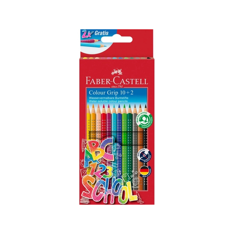 Pack de 10 crayons de couleur triangulaires avec grip Faber-Castell Colour Grip - Avec espace pour le nom - Couleurs assorties