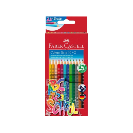 Pack de 10 crayons de couleur triangulaires avec grip Faber-Castell Colour Grip - Avec espace pour le nom - Couleurs assorties