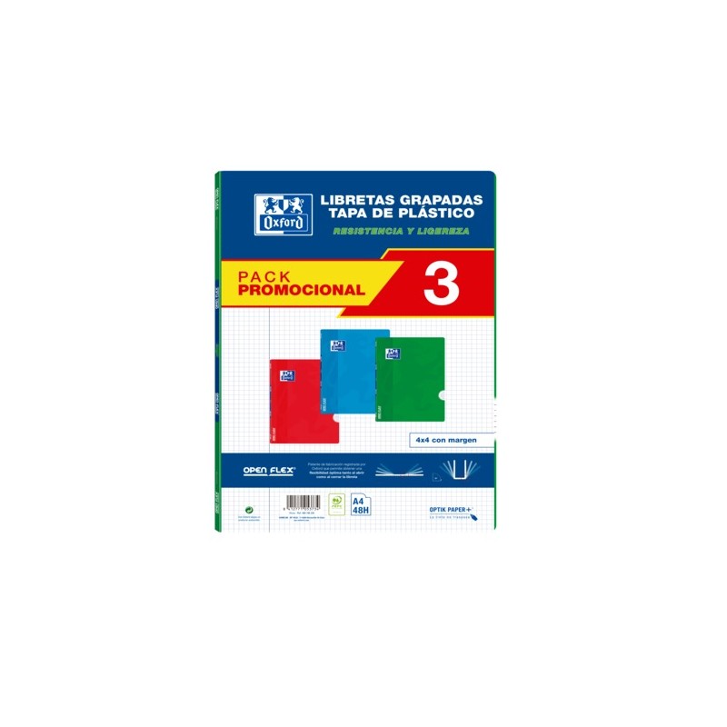 Oxford School Classic Pack 3 - Cahier agrafé Openflex - Couverture plastique A4 - 4x4 avec marge - 48 feuilles - 3 couleurs