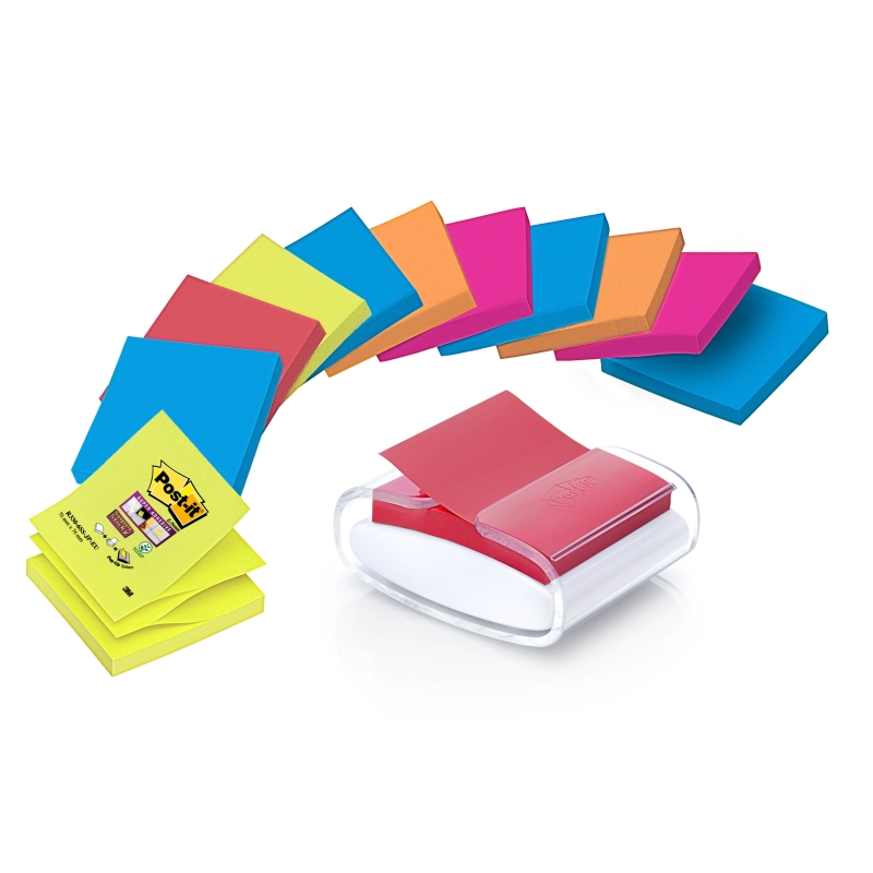 Distributeur Post-It Super Sticky avec 12 blocs de 90 notes Z - Distributeur Pro - Forme carrée - 76 x 76 mm - Blanc