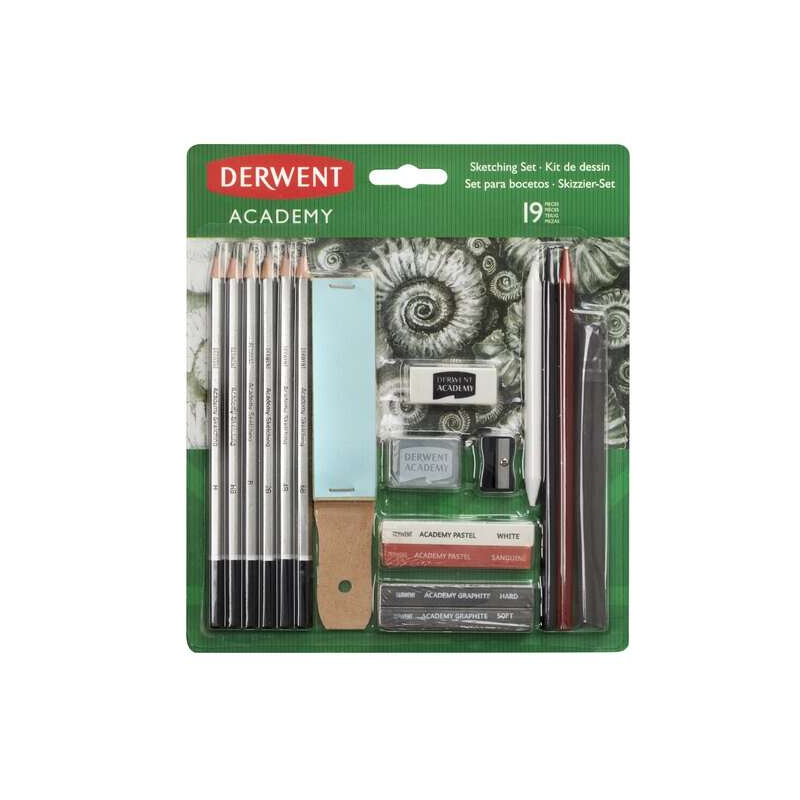 Derwent Academy Sketching Lot de 6 crayons graphite de duretés assorties, 2 blocs de graphite, 2 bâtons de dessin sans bois, 2 p
