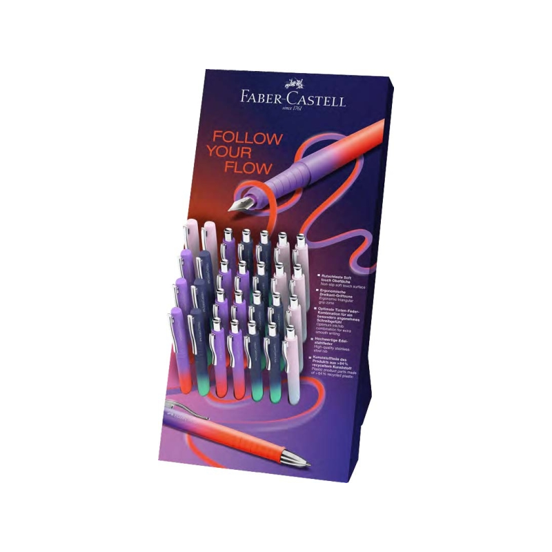 Présentoir Faber-Castell Poly Ball Flow Edition avec 22 stylos rétractables XB + 8 stylos-plumes - Toucher doux - Couleurs assor