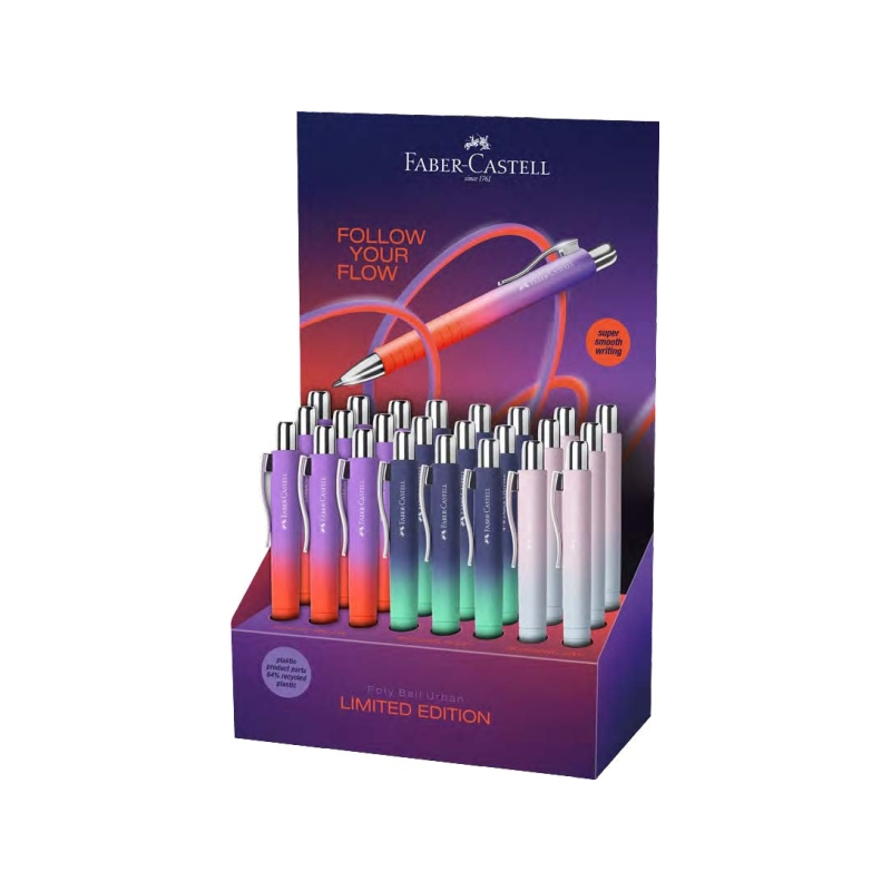 Présentoir Faber-Castell Poly Ball Flow Edition avec 24 stylos rétractables XB - Forme triangulaire ergonomique - Toucher doux -