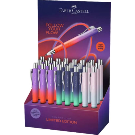 Présentoir Faber-Castell Poly Ball Flow Edition avec 24 stylos rétractables XB - Forme triangulaire ergonomique - Toucher doux -