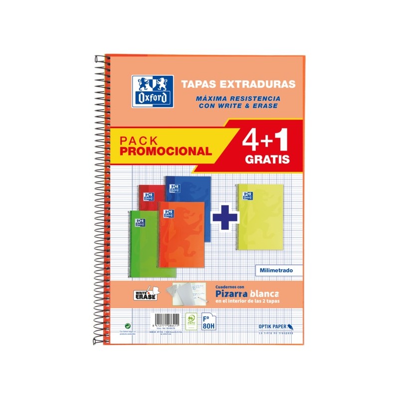 Oxford School Classic Write&Erase Pack 4+1 Fº - Cahier à Spirale Couverture Extra Rigide - Millimétrique avec Marge - 80