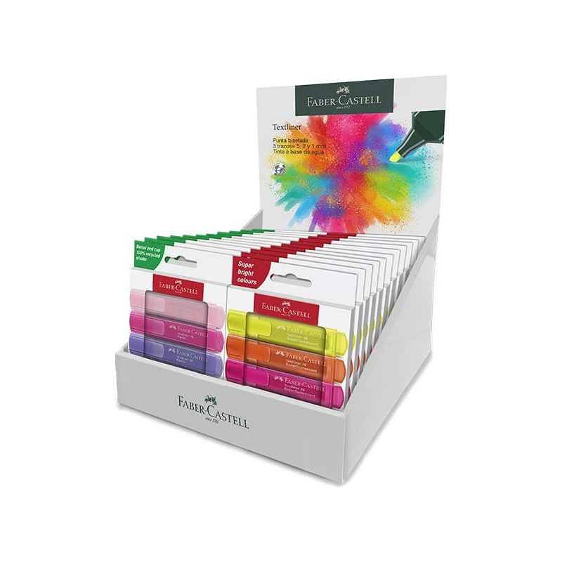 Faber-Castell Textliner 46 Expositor con 11 Packs de 4 Marcadores Neon y 11 Packs de 4 Marcadores Pastel - Punta Biselada - Traz