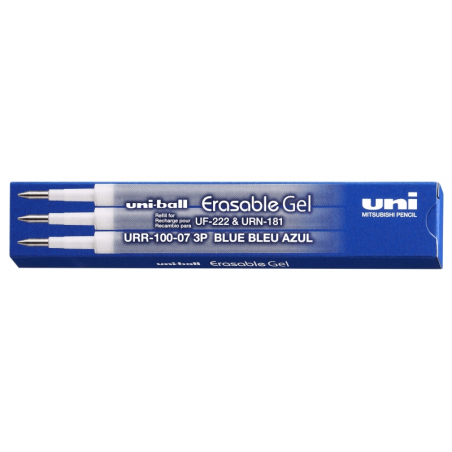 Uni-ball UF-220 Boite de 3 Recharges Gel Effaçable URR-100-07 - Pointe 0,7mm - Coloris Bleu