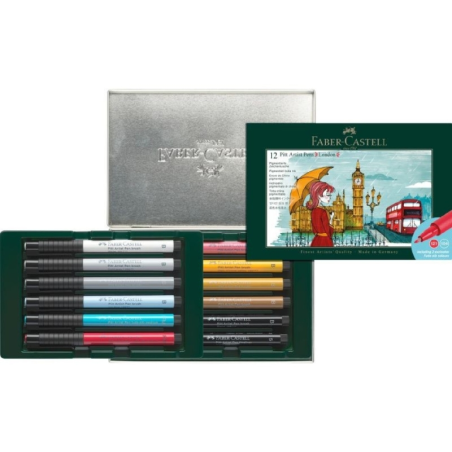 Faber-Castell Pitt Artist Pen Brush City Collection London Coffret de 12 marqueurs pointe pinceau - Encre pigmentée - Haute rési