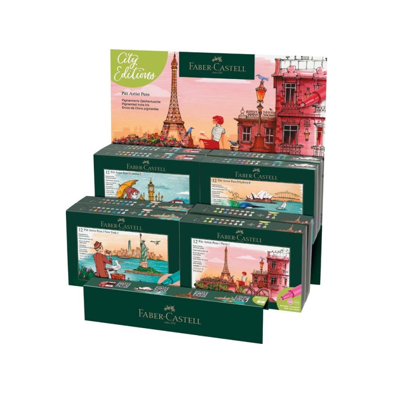 Faber-Castell Pitt Artist Pen Brush City Collection Présentoir avec 8 étuis de 12 marqueurs à pointe pinceau - Encre pigmentée -