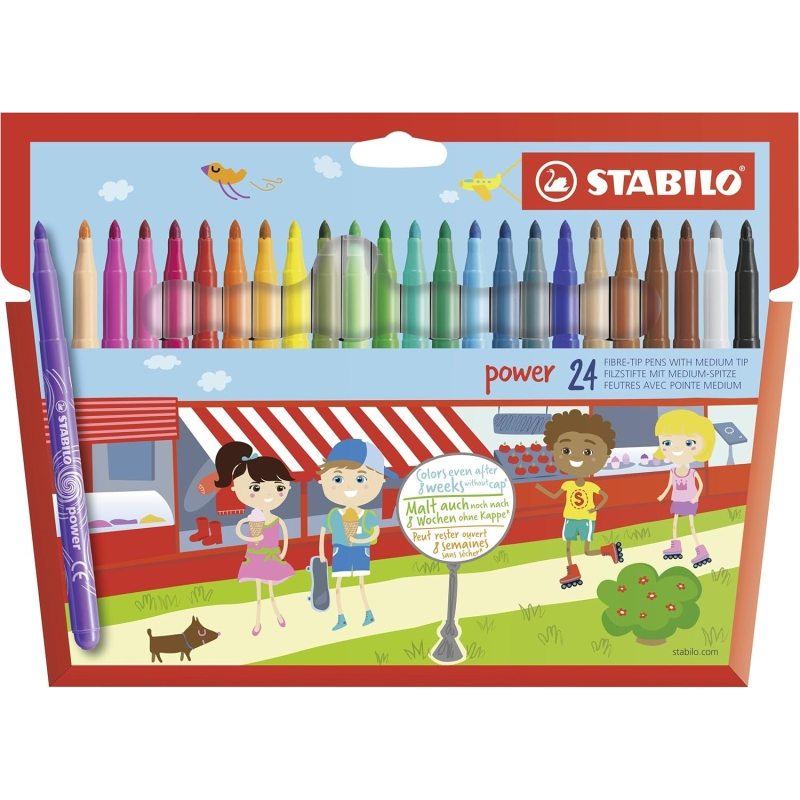 Pack Stabilo Power avec 24 feutres de couleur - Pointe moyenne 2 mm - Encre lavable - Capuchon ventilé - Couleurs assorties