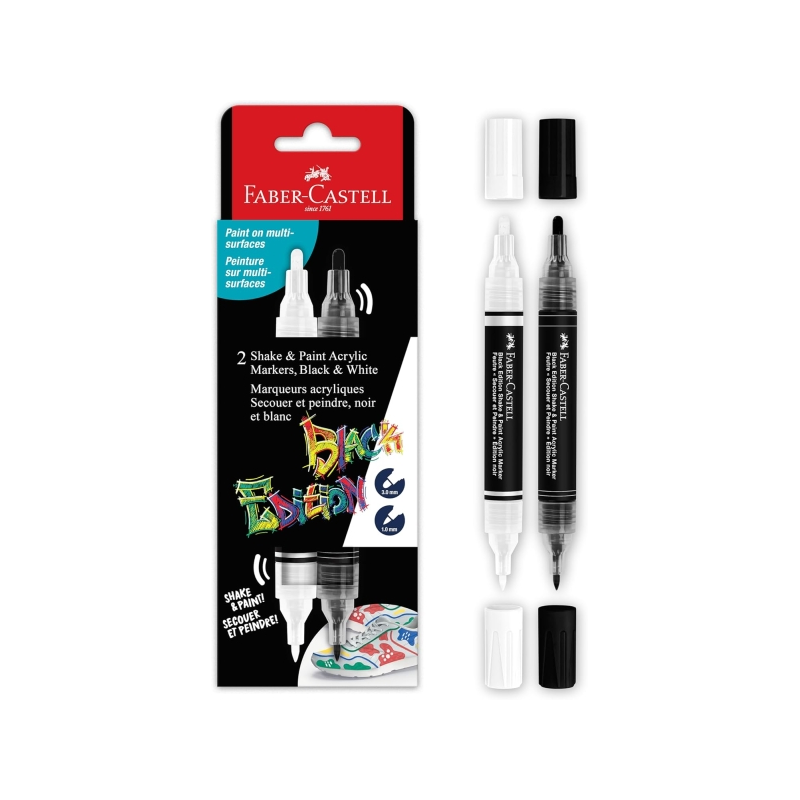 Faber-Castell Shake & Paint Black Edition Lot de 2 marqueurs acryliques à double pointe - Pointes rondes de 1 mm et 3 mm - Encre