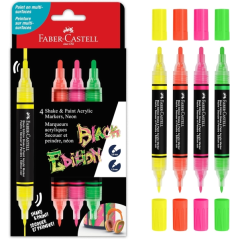 Faber-Castell Shake & Paint Black Edition Pack de 4 marqueurs acryliques à double pointe - Pointes rondes 1 mm et 3 mm - Encre a