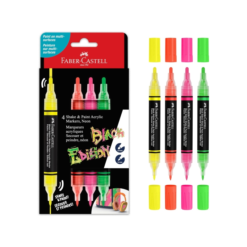 Faber-Castell Shake & Paint Black Edition Pack de 4 marqueurs acryliques à double pointe - Pointes rondes 1 mm et 3 mm - Encre a