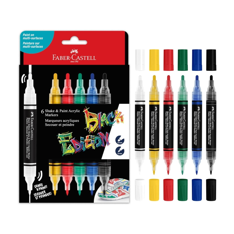 Faber-Castell Shake & Paint Black Edition Lot de 6 marqueurs acryliques à double pointe - Pointes rondes 1 mm et 3 mm - Encre ac