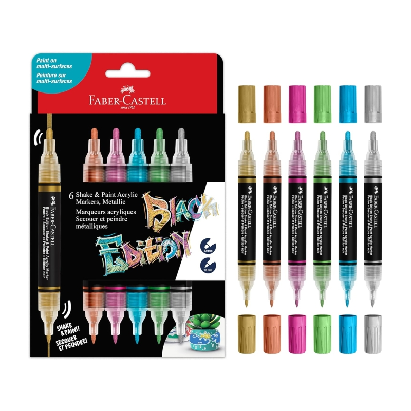Faber-Castell Shake & Paint Black Edition Pack de 6 marqueurs acryliques à double pointe - Pointes rondes 1 mm et 3 mm - Encre a