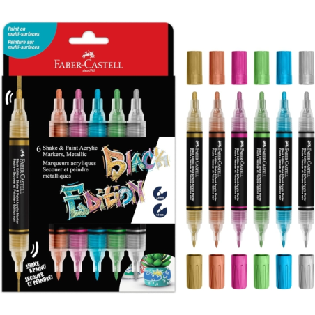 Faber-Castell Shake & Paint Black Edition Pack de 6 marqueurs acryliques à double pointe - Pointes rondes 1 mm et 3 mm - Encre a