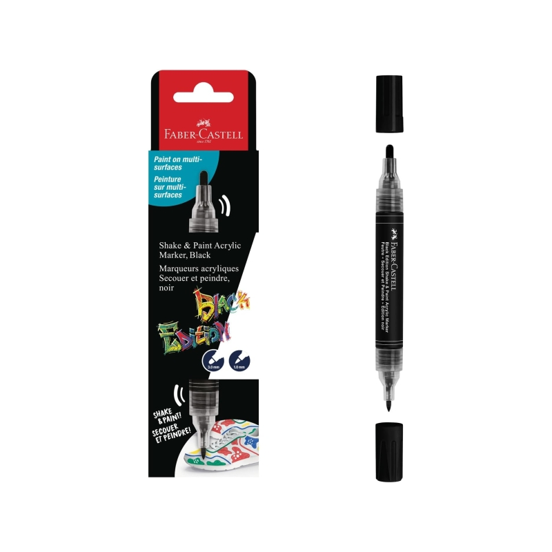 Marqueur acrylique Faber-Castell Shake & Paint Black Edition, double pointe – Pointes rondes 1 mm et 3 mm – Encre acrylique à ba