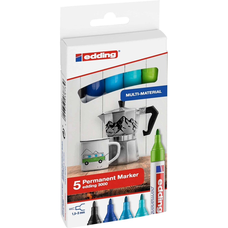 Edding 3000 Pack de 5 Feutres Permanents Cool Colors - Pointe Ronde 1,5 mm - Trait entre 1,5 et 3 mm - Rechargeable - Séchage Ra