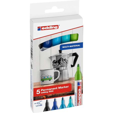 Edding 3000 Pack de 5 Feutres Permanents Cool Colors - Pointe Ronde 1,5 mm - Trait entre 1,5 et 3 mm - Rechargeable - Séchage Ra