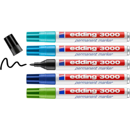 Edding 3000 Pack de 5 Feutres Permanents Cool Colors - Pointe Ronde 1,5 mm - Trait entre 1,5 et 3 mm - Rechargeable - Séchage Ra