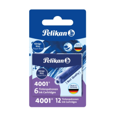 Pelikan 4001, lot de 12 cartouches de recharge - Encre effaçable - Conditionnement sous blister - Bleu royal