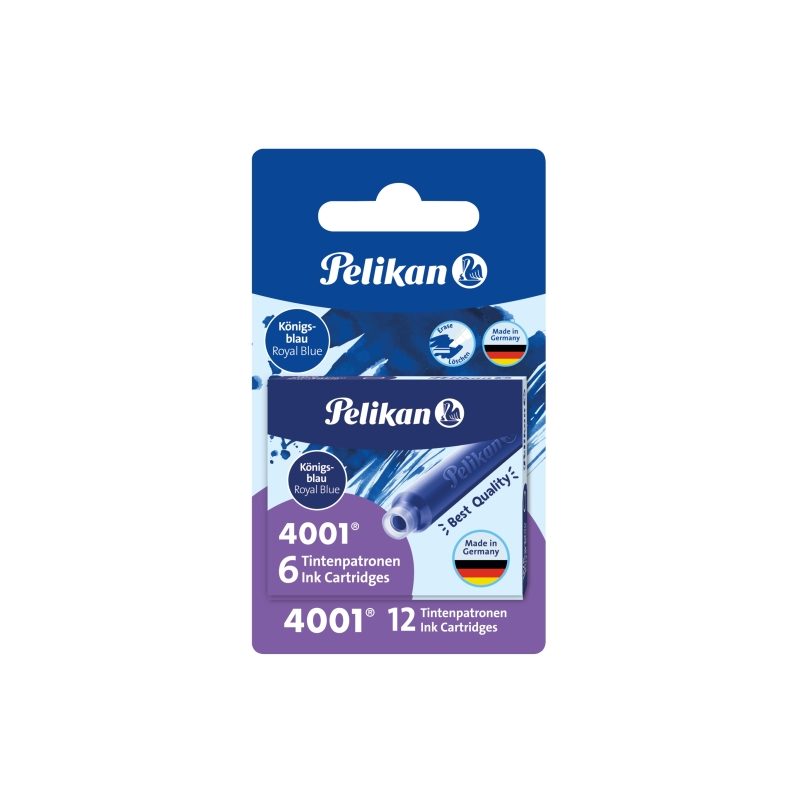 Pelikan 4001, lot de 12 cartouches de recharge - Encre effaçable - Conditionnement sous blister - Bleu royal