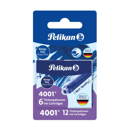 Pelikan 4001, lot de 12 cartouches de recharge - Encre effaçable - Conditionnement sous blister - Bleu royal