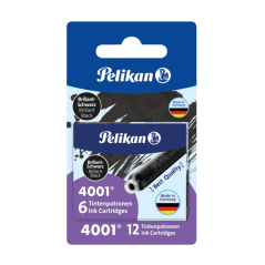 Pelikan 4001, lot de 12 cartouches de recharge - Encre longue durée - Emballage blister - Noir brillant