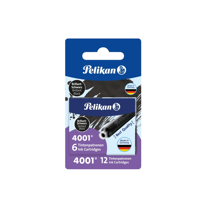 Pelikan 4001, lot de 12 cartouches de recharge - Encre longue durée - Emballage blister - Noir brillant