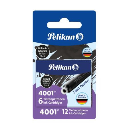 Pelikan 4001, lot de 12 cartouches de recharge - Encre longue durée - Emballage blister - Noir brillant