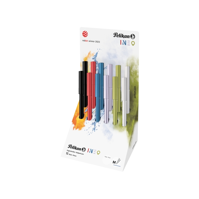 Présentoir Pelikan Ineo avec 12 stylos rétractables - Largeur de trait : 1 mm - Mécanisme à rotation - Recharge bleue 337M - Alu