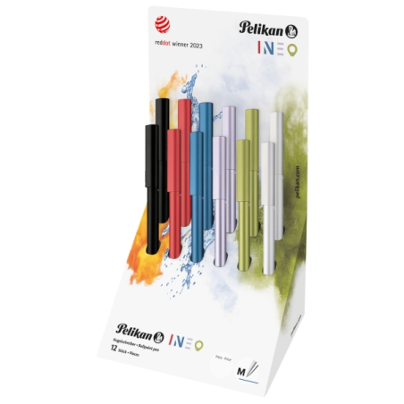 Présentoir Pelikan Ineo avec 12 stylos rétractables - Largeur de trait : 1 mm - Mécanisme à rotation - Recharge bleue 337M - Alu