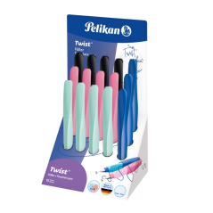Présentoir Pelikan Twist avec 15 stylos-plumes - Pointe moyenne - Utilisation ambidextre - Cartouche d'encre incluse - Couleurs
