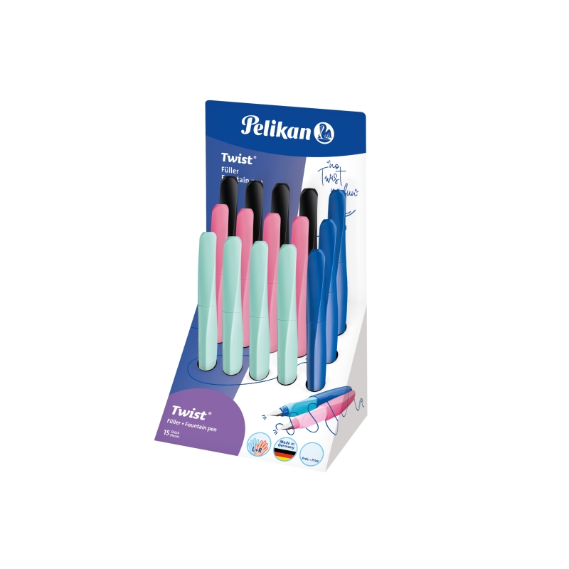 Présentoir Pelikan Twist avec 15 stylos-plumes - Pointe moyenne - Utilisation ambidextre - Cartouche d'encre incluse - Couleurs