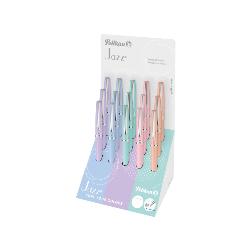Coffret Pelikan Jazz avec 15 stylos rétractables - Pointe de 1 mm - Mécanisme à rotation - Recharge bleue 337M - Couleurs pastel