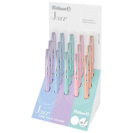 Coffret Pelikan Jazz avec 15 stylos rétractables - Pointe de 1 mm - Mécanisme à rotation - Recharge bleue 337M - Couleurs pastel