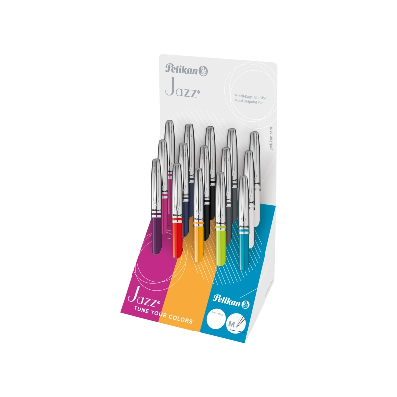 Coffret Pelikan Jazz Classic avec 15 stylos rétractables - Pointe de 1 mm - Mécanisme à rotation - Capuchon et clip chromés - Re