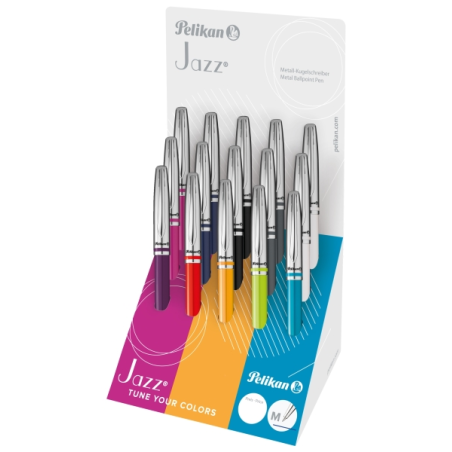 Coffret Pelikan Jazz Classic avec 15 stylos rétractables - Pointe de 1 mm - Mécanisme à rotation - Capuchon et clip chromés - Re